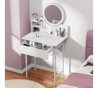 OSKOPWRC Piccola scrivania per trucchi, tavolo da trucco bianco con specchio illuminato a LED, tavolino da caffè, ripiani aperti, luminosità regolabile, elegante per le donne piccole, bianco