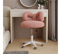 OSKOPWRC Sedia da trucco girevole, regolabile in altezza, con ruote, rivestimento in peluche con fiocco, sedia per casa e ufficio con supporto lombare, comoda sedia da scrivania senza braccioli per