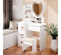 OSKOPWRC Vanità di Trucco con Specchio a LED a Forma di Cuore, Vanità 4 Cassetti e Ripiani Aperti, Stazione Sgabello Comodo, Scrivania Stoccaggio Legno per Camera, Bagno, B