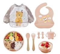 Oskuglin 9 pezzi Set Pasto Bambino Silicone senza BPA da 6 mesi | Ventosa antiscivolo, pieghevole & lavabile in lavastoviglie, con piatto, posate e 2 bavaglini - regalo pratico per la nascita