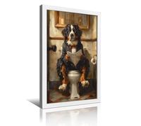 OSMNNIZ Stampa decorativa con cornice in stile retrò raffigurante un cane di montagna del Bernese seduto sul water e legge un giornale, decorazione moderna per la camera da letto, 30 x 45 cm
