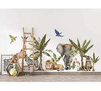 Osomhome Adesivo da parete con animali della giungla, 190 x 90 cm, motivo: Safari, zebra, leone, tigre, giraffa, fenicottero, elefante, alberi tropicali, alberi per la cameretta dei bambini, per la