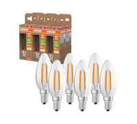 OSRAM Energy Class nella classica forma mini candela, 3,8 W / 806 lm luce bianca calda (2700 K), CRI 80, realizzata in vetro senza piombo trasparente, attacco E14, IP20, 35 mm DM, 6 pacchi