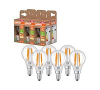 OSRAM Energy Class nella classica forma mini sferica, 3,8 W / 806 lm luce bianca calda (2700 K), CRI 80, in vetro senza piombo di colore trasparente, attacco E14, IP20, 45 mm DM, 6 pacchi