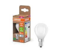OSRAM Energy Class nella classica forma mini sferica, 3,8 W / 806 lm luce bianca fredda (4000 K), CRI 80, realizzata in vetro satinato senza piombo, attacco E14, IP20, diametro 45 mm.