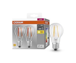 OSRAM Lampada LED BASE CLASSIC A FIL 60 con attacco E27, goccia, confezione doppia, 6.5 W, 806 lm, 2700K, luce bianca calda, bassa emissione di calore, lunga durata, basso consumo energetico