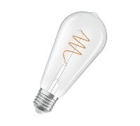 OSRAM Vintage 1906 Edison è una lampada LED a luce bianca calda con un filamento a spirale a forma di lampadina Edison. Offre 3,4 W per 470 lm, attacco E27, vetro trasparente, diametro 64 mm, 2700 K.