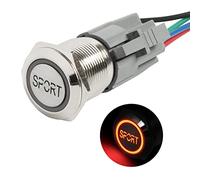 OSXCAUES Interruttore in metallo da 19 mm, 12 V, 24 V, 5 perni con presa pre-cablata, impermeabile, interruttore a pulsante con anello LED e simbolo LED SPORT (luce rossa)