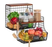 Otauoaea 2pcs Portafrutta da Parete,Porta Frutta Verdure Cucina Cestino Frutta Cucina Montabile a Parete,Impilabili Porta Frutta da Tavolo con Coperchio in Legno e Gancio per Snack,Verdure,Frutta,Pane