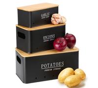 Otauoaea Porta Patate Cipolle Aglio - Set di 3 Contenitore Patate e Cipolle e Aglio - Porta Patate Cucina con Coperchio e Fori di Ventilazione - Contenitori Salvaspazio Cucina Design Retrò - Nero