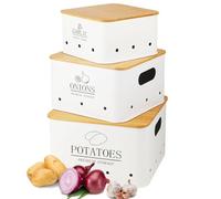 Otauoaea Porta Patate Cipolle Aglio - Set di 3 Contenitore Patate e Cipolle e Aglio - Porta Patate Cucina con Coperchio in Bamboo e Fori di Ventilazione - Contenitori Salvaspazio Cucina - Bianco