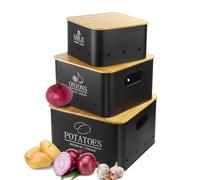 Otauoaea Porta Patate Cipolle Aglio - Set di 3 Contenitore Patate e Cipolle e Aglio - Porta Patate Cucina con Coperchio in Bamboo e Fori di Ventilazione - Contenitori Salvaspazio Cucina - Nero