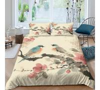 OTBSDNKZZ Birds in bloomSet Di Copripiumino microfibra 3 Pezzi stampa di 3D cerniera nascosta Asian ink painting style copripiumino con federe traspirante ultra morbido for coppie Single（135x200cm）