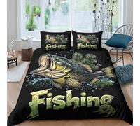 OTBSDNKZZ Fishing Bass Artcopripiumino microfibra morbida 3 Pezzi stampa 3D cerniera nascosta Outdoor Adventure Style Set Di Copripiumino con federe per cuscini soffice for adulti Single（140x200cm）