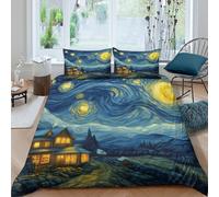 OTBSDNKZZ StarryNightHouseSet Di Copripiumino ultra microfibra 3 pezzi motivo 3D con cerniera ArtisticPaintingStyle copripiumino con federe traspirante ultra morbido for ragazze Super king（260x220cm）