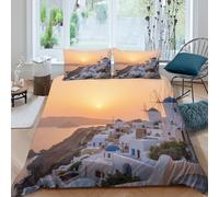 OTBSDNKZZ sunset viewSet Di Copripiumino microfibra morbida 3 pezzi motivo 3D con cerniera Greek island architecture copripiumino con federe morbida ultra morbido for coppie Super king（260x220cm）