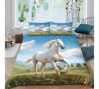 OTBSDNKZZ White horse gallopingcopripiumino ultra microfibra 3 Pezzi stampa di 3D cerniera nascosta Nature landscape Set Di Copripiumino incluso federe aiosa morbida for adolescenti Single（135x200cm）