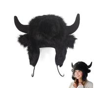 Otbushit Caldo cappello da bufalo invernale con corna per adulti e bambini, morbido berretto in peluche con protezione per le orecchie per feste a tema