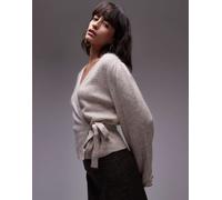 & Other Stories - Cardigan a portafoglio color talpa in filato peloso misto lana e mohair con maniche a sbuffo-Neutro L