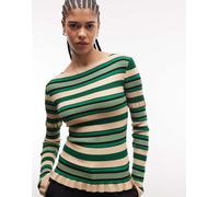 & Other Stories - Top a maniche lunghe in maglia leggera verde a righe con volant sul bordo M