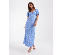 & Other Stories - Vestito in viscosa blu a fiori con scollo a cuore, maniche a sbuffo e gonna al polpaccio 36