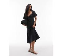 & Other Stories - Vestito nero al polpaccio in lino con maniche a sbuffo e scollo a cuore con intreccio 40