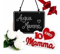 OTHERWISETRIVIAL Regalo per la Mamma, Lavagna Appendibile 20cm, Scritta in Legno 'Io Amo Mamma' 18cm, Rose Bianche Artificiali - Festa della Mamma