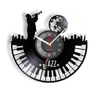 OTKU Orologio Parete 30cm Sassofono Jazz Player In The Moonlight Vinyl LP Record Wall Clock For Jazz Band Moon with Piano Keyboard Decorative Wall Watch