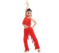 OTMYIGO 1 Set/Nappa Set da Ballo Latino Pantaloni da Ballo con Frange da Ragazza e Top Vestito da Ballo Latino con Frange Solide,Rosso,110
