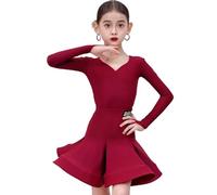 OTMYIGO Abito da Ballo Latino a Maniche Lunghe per Bambine - Completo da Ballo da Sala con Scollo a V per Bambine Salsa Rumba Cha ChaSamba TangoTop e Gonna per competizioni,Rosso,170