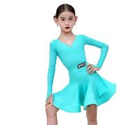 OTMYIGO Abito da Ballo Latino a Maniche Lunghe per Bambine - Completo da Ballo da Sala con Scollo a V per Bambine Salsa Rumba Cha ChaSamba TangoTop e Gonna per competizioni,Blu,150
