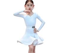 OTMYIGO Abito da Ballo Latino a Maniche Lunghe per Bambine - Completo da Ballo da Sala con Scollo a V per Bambine Salsa Rumba Cha ChaSamba TangoTop e Gonna per competizioni,Bianca,140