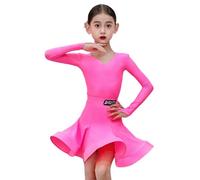 OTMYIGO Abito da Ballo Latino a Maniche Lunghe per Bambine - Completo da Ballo da Sala con Scollo a V per Bambine Salsa Rumba Cha ChaSamba TangoTop e Gonna per competizioni,Rosa,160
