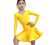 OTMYIGO Abito da Ballo Latino a Maniche Lunghe per Bambine - Completo da Ballo da Sala con Scollo a V per Bambine Salsa Rumba Cha ChaSamba TangoTop e Gonna per competizioni,Giallo,180