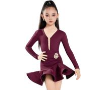 OTMYIGO Abito da Ballo Latino per Ragazze a Maniche Lunghe, con Scollo a V, per Rumba e Samba, Gonna, Abbigliamento da Ballo Moderno da Sala, Costumi da Competizione,Rosso,120