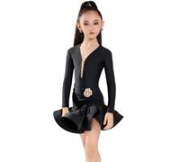 OTMYIGO Abito da Ballo Latino per Ragazze a Maniche Lunghe, con Scollo a V, per Rumba e Samba, Gonna, Abbigliamento da Ballo Moderno da Sala, Costumi da Competizione,Nero,130