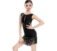 OTMYIGO Abito da Ballo Latino per Ragazze con Paillettes e Nappe, Senza Maniche, con Frange, per Rumba, Jazz, Samba, Feste e competizioni,Nero,150