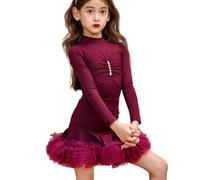OTMYIGO Abito da Ballo Latino-Tango per Bambine, Abito da Ballo in Velluto a Maniche Lunghe per Bambini, Abito da Ballo per Sala da Ballo Salsa Samba Swing Allenamento e Competizione,Rosso,160
