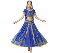 OTMYIGO Abito di Bollywood Costume per Adulti Set di Danza Indiana per Donna Abbigliamento per Sari di Danza del Ventre Abbigliamento per spettacoli di Danza Set di Gonna in Chiffon,Blu,XL