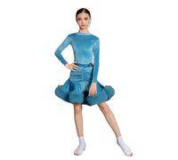 OTMYIGO Costume da Ballo Latino per Bambine, Abito da Ballo da Sala a Maniche Lunghe per Bambine Abito da Competizione per Ragazze Abito Spettacolo per Tango e Samba,Blu,150