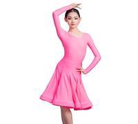 OTMYIGO Costume da Ballo Latino Professionale per Bambine, Abito Competizione per Balli da Sala a Maniche Lunghe, Abito da Ballo per Bambine Abito da Spettacolo per Ragazze Tango Samba,Rosa,120