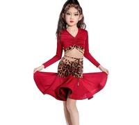 OTMYIGO Rosso,140, Vestito Latino per Ragazze, Abito da Ballo lirico in Seta di Latte con Maniche Lunghe e Patchwork Costume da Ballo per Sala da Ballo Salsa Tango