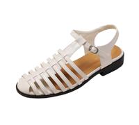 OTMYIGO Sandali Piatti da Donna in Pelle Intrecciata con Cinturino a T, Comodi Sandali Gladiatore Eleganti con Cinturino alla Caviglia Sandali Romani Casual per la Spiaggia,Beige,36 EU