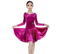 OTMYIGO Vestito da Ballo Latino a Maniche Lunghe per Bambine, Gonna da Competizione per Balli da Sala per Salsa Rumba Cha Cha Samba Tango Abito da Ballo Professionale,Rose Red,130