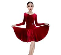 OTMYIGO Vestito da Ballo Latino a Maniche Lunghe per Bambine, Gonna da Competizione per Balli da Sala per Salsa Rumba Cha Cha Samba Tango Abito da Ballo Professionale,Wine Red,160