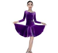 OTMYIGO Vestito da Ballo Latino a Maniche Lunghe per Bambine, Gonna da Competizione per Balli da Sala per Salsa Rumba Cha Cha Samba Tango Abito da Ballo Professionale,Dark Purple,140