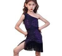 OTMYIGO Vestito da Ballo Latino Jazz per Bambine, Costume da Ballo per Tango, Rumba e Samba, Gonna con Frange Body Costumi da Competizione di Danza,Viola,160