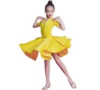 OTMYIGO Vestito da Ballo Latino per Ragazza Costume da Ballo per Bambini Salsa Abiti da Tango per Bambini Vestito da Spettacolo teatrale ,Giallo,120