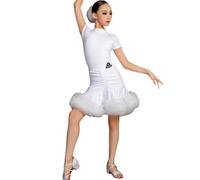OTMYIGO Vestito da Ballo Latino per Ragazze, 2 Pezzi, Abito da Ballo per Bambini a Maniche Corte Costumi da esibizione Abiti da Ballo da Sala Competizione per Feste e palcoscenici,Bianca,150