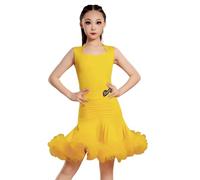 OTMYIGO Vestito da Ballo Latino per Ragazze, 2 Pezzi, Senza Maniche, per Bambini per spettacoli Prove Competizione Feste palcoscenico,Giallo,110